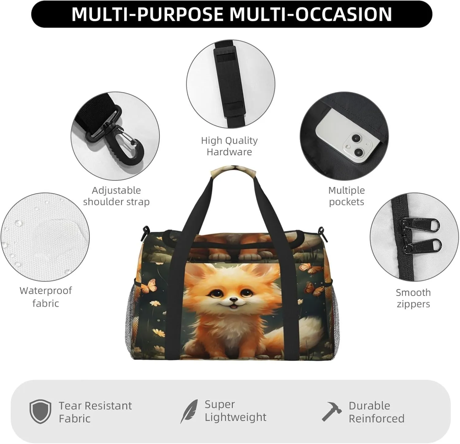 Travel Duffel Bag For Men Women, Cute Animal Fox Butterfly Carry On Sport Gym Bag With Shoulder Strap Lightweight Waterproof Weekender Bag Overnight Bag