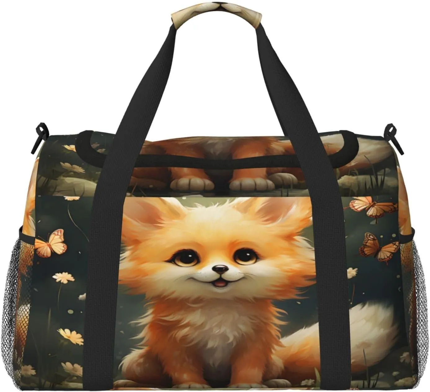 Travel Duffel Bag For Men Women, Cute Animal Fox Butterfly Carry On Sport Gym Bag With Shoulder Strap Lightweight Waterproof Weekender Bag Overnight Bag