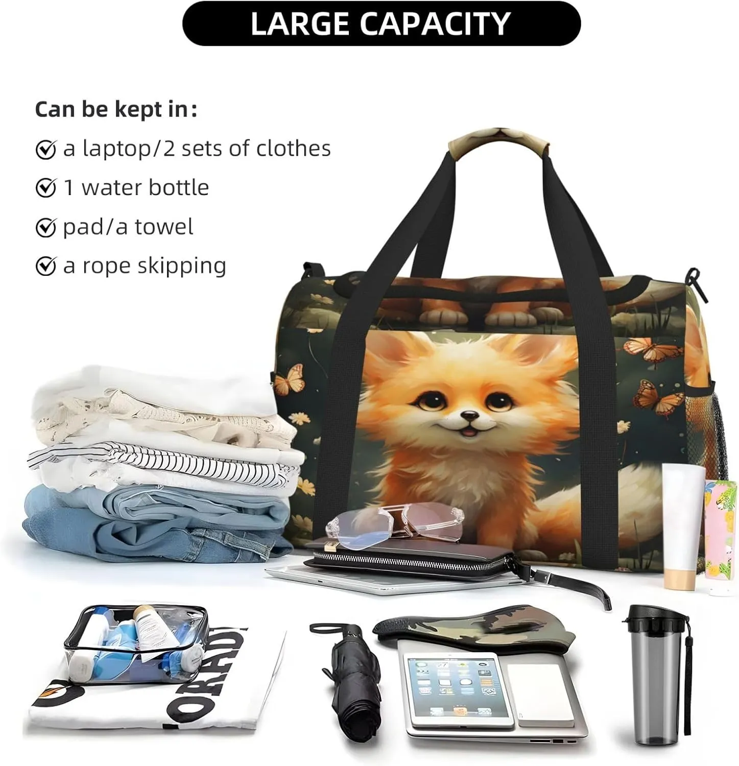 Travel Duffel Bag For Men Women, Cute Animal Fox Butterfly Carry On Sport Gym Bag With Shoulder Strap Lightweight Waterproof Weekender Bag Overnight Bag