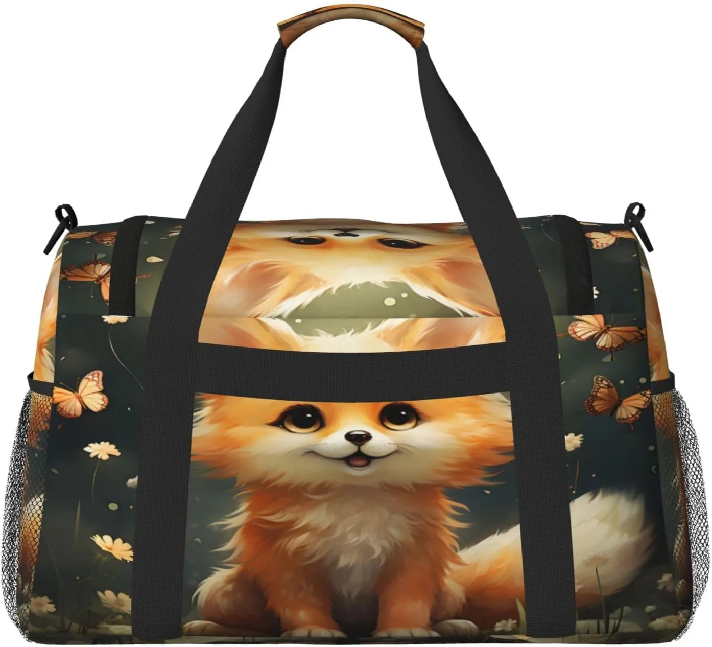 Travel Duffel Bag For Men Women, Cute Animal Fox Butterfly Carry On Sport Gym Bag With Shoulder Strap Lightweight Waterproof Weekender Bag Overnight Bag