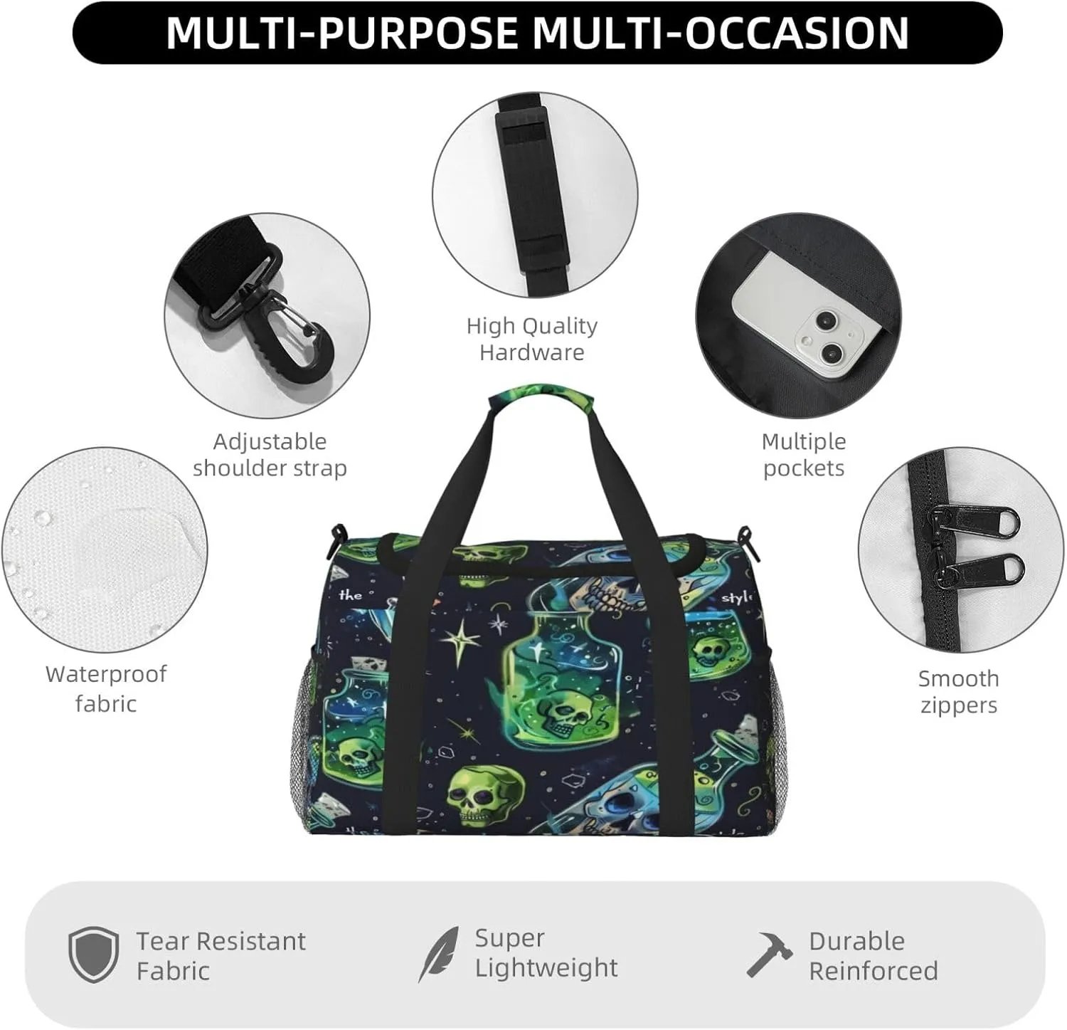 Travel Duffel Bag For Men Women, Fantasy Drift Bottle Skull Carry On Sport Gym Bag With Shoulder Strap Lightweight Waterproof Weekender Bag Overnight Bag