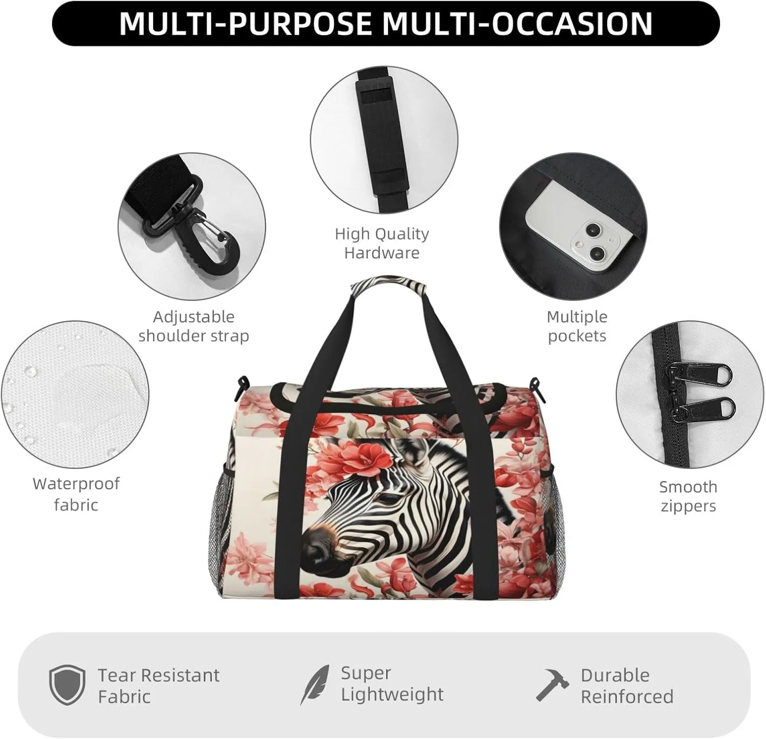 Travel Duffel Bag For Men Women, Floral Africa Zebra Carry On Sport Gym Bag With Shoulder Strap Lightweight Waterproof Weekender Bag Overnight Bag