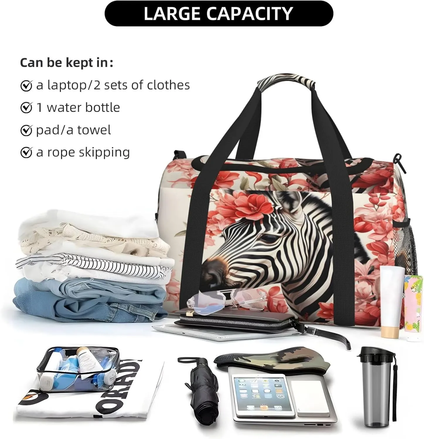 Travel Duffel Bag For Men Women, Floral Africa Zebra Carry On Sport Gym Bag With Shoulder Strap Lightweight Waterproof Weekender Bag Overnight Bag
