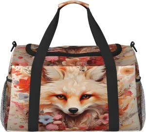 Travel Duffel Bag For Men Women, Floral Artistic Fox Painting Carry On Sport Gym Bag With Shoulder Strap Lightweight Waterproof Weekender Bag Overnight Bag