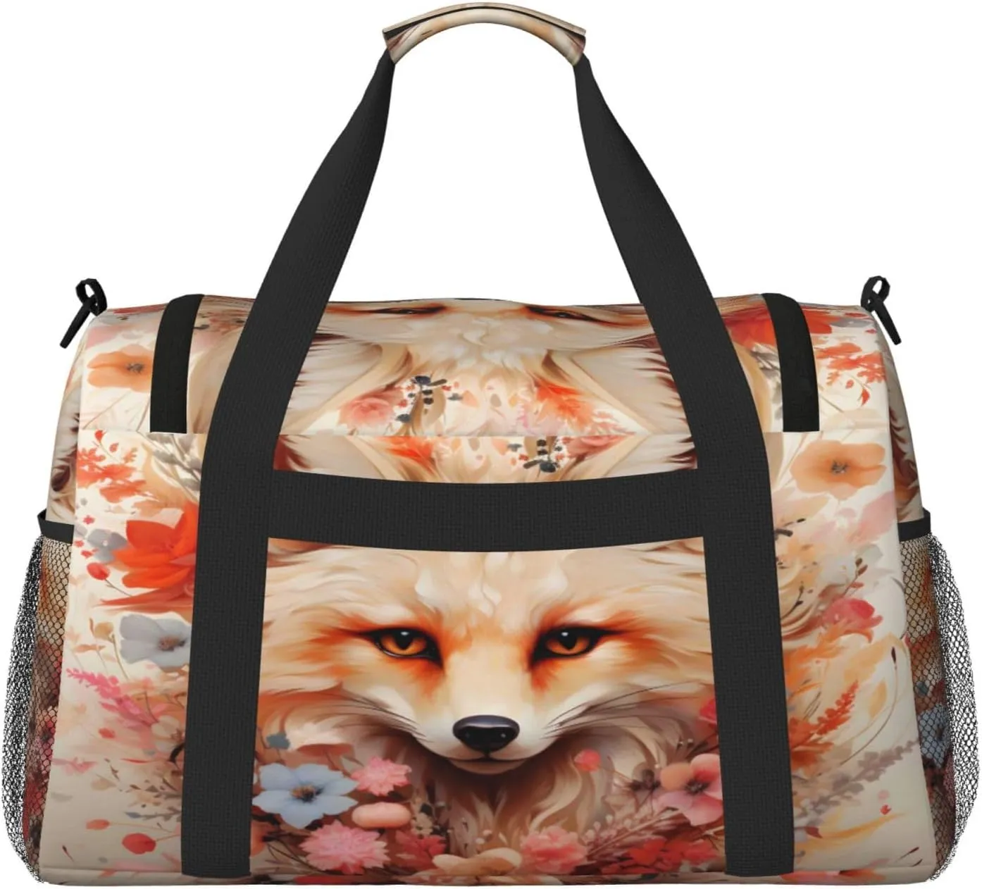 Travel Duffel Bag For Men Women, Floral Artistic Fox Painting Carry On Sport Gym Bag With Shoulder Strap Lightweight Waterproof Weekender Bag Overnight Bag