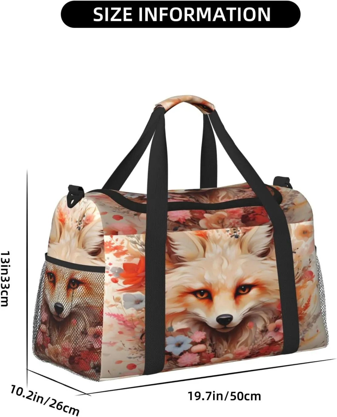 Travel Duffel Bag For Men Women, Floral Artistic Fox Painting Carry On Sport Gym Bag With Shoulder Strap Lightweight Waterproof Weekender Bag Overnight Bag