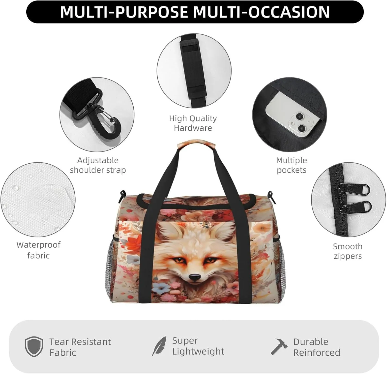 Travel Duffel Bag For Men Women, Floral Artistic Fox Painting Carry On Sport Gym Bag With Shoulder Strap Lightweight Waterproof Weekender Bag Overnight Bag