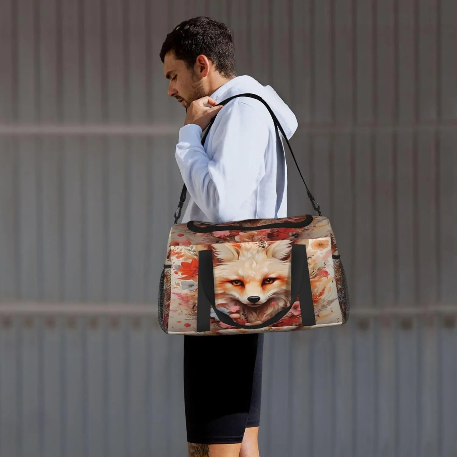 Travel Duffel Bag For Men Women, Floral Artistic Fox Painting Carry On Sport Gym Bag With Shoulder Strap Lightweight Waterproof Weekender Bag Overnight Bag
