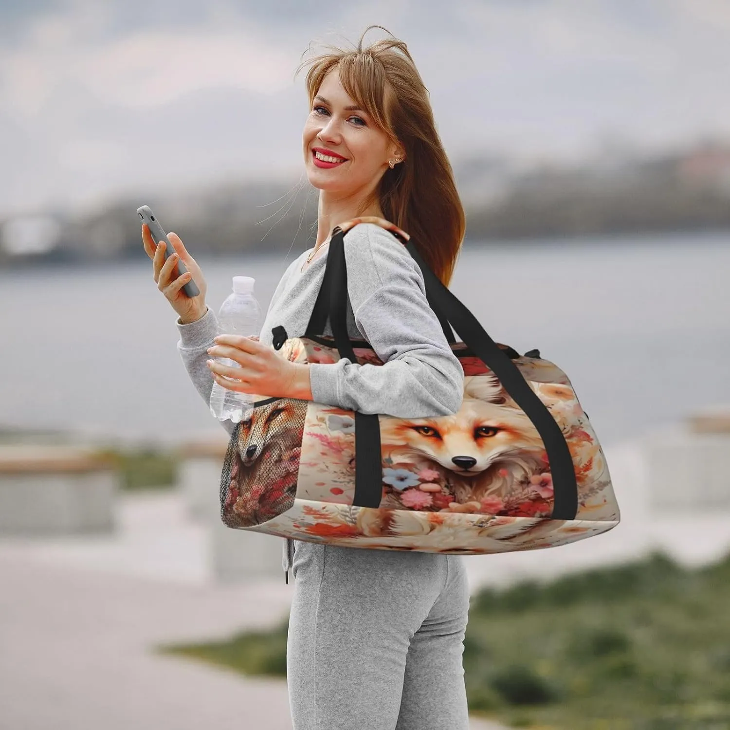 Travel Duffel Bag For Men Women, Floral Artistic Fox Painting Carry On Sport Gym Bag With Shoulder Strap Lightweight Waterproof Weekender Bag Overnight Bag