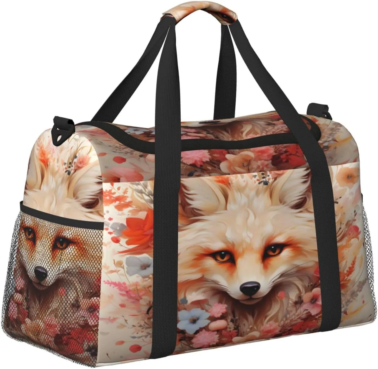 Travel Duffel Bag For Men Women, Floral Artistic Fox Painting Carry On Sport Gym Bag With Shoulder Strap Lightweight Waterproof Weekender Bag Overnight Bag