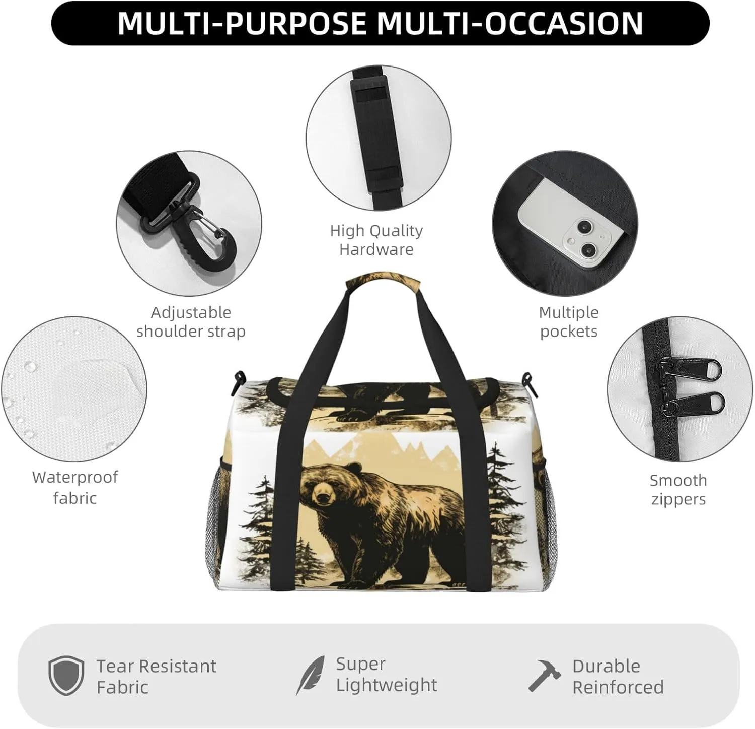 Travel Duffel Bag For Men Women, Forest Wildlife Animal Bear Carry On Sport Gym Bag With Shoulder Strap Lightweight Waterproof Weekender Bag Overnight Bag