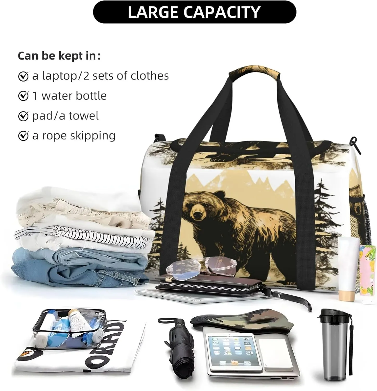 Travel Duffel Bag For Men Women, Forest Wildlife Animal Bear Carry On Sport Gym Bag With Shoulder Strap Lightweight Waterproof Weekender Bag Overnight Bag