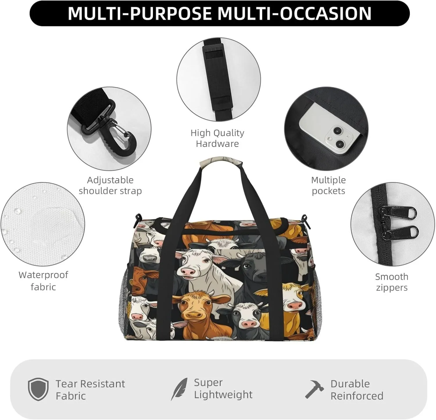 Travel Duffel Bag For Men Women, Funny Cartoon Cows Pattern Carry On Sport Gym Bag With Shoulder Strap Lightweight Waterproof Weekender Bag Overnight Bag