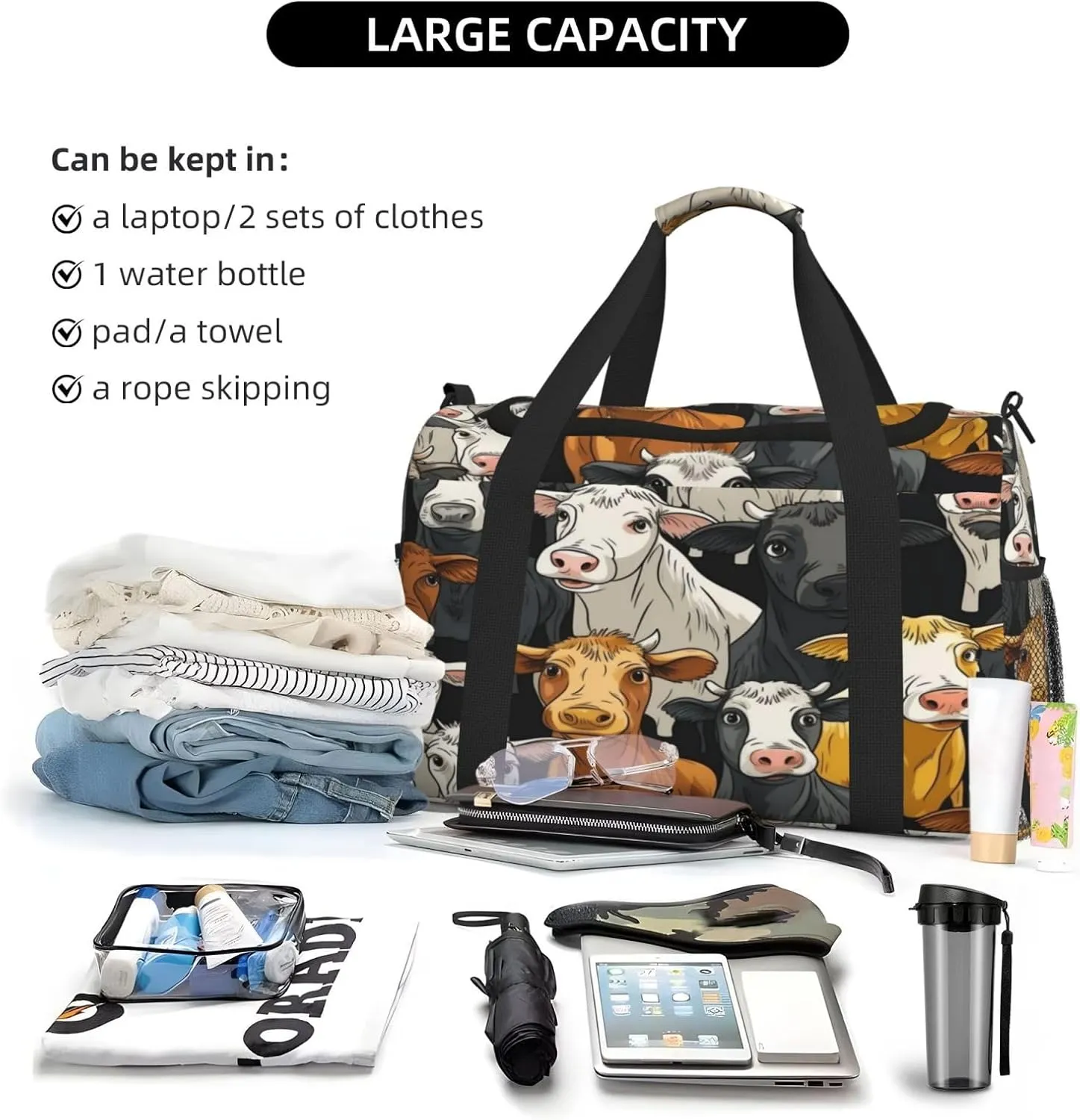 Travel Duffel Bag For Men Women, Funny Cartoon Cows Pattern Carry On Sport Gym Bag With Shoulder Strap Lightweight Waterproof Weekender Bag Overnight Bag