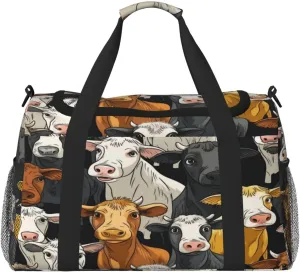 Travel Duffel Bag For Men Women, Funny Cartoon Cows Pattern Carry On Sport Gym Bag With Shoulder Strap Lightweight Waterproof Weekender Bag Overnight Bag