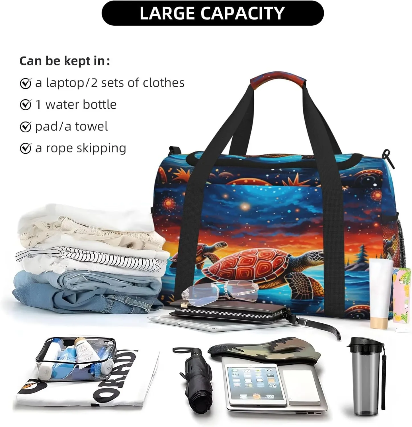 Travel Duffel Bag For Men Women, Funny Turtle Galaxy Painting Carry On Sport Gym Bag With Shoulder Strap Lightweight Waterproof Weekender Bag Overnight Bag