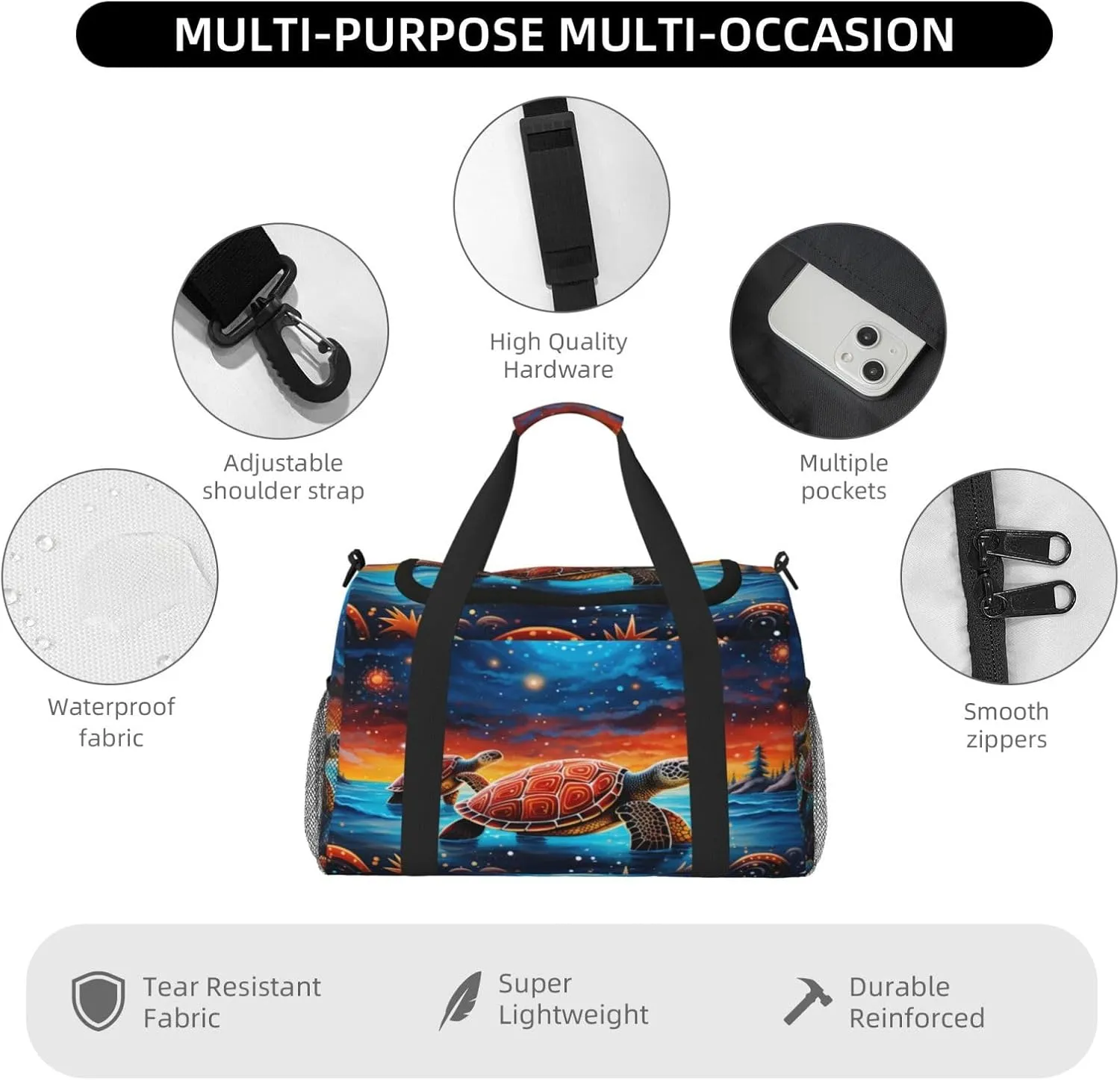 Travel Duffel Bag For Men Women, Funny Turtle Galaxy Painting Carry On Sport Gym Bag With Shoulder Strap Lightweight Waterproof Weekender Bag Overnight Bag
