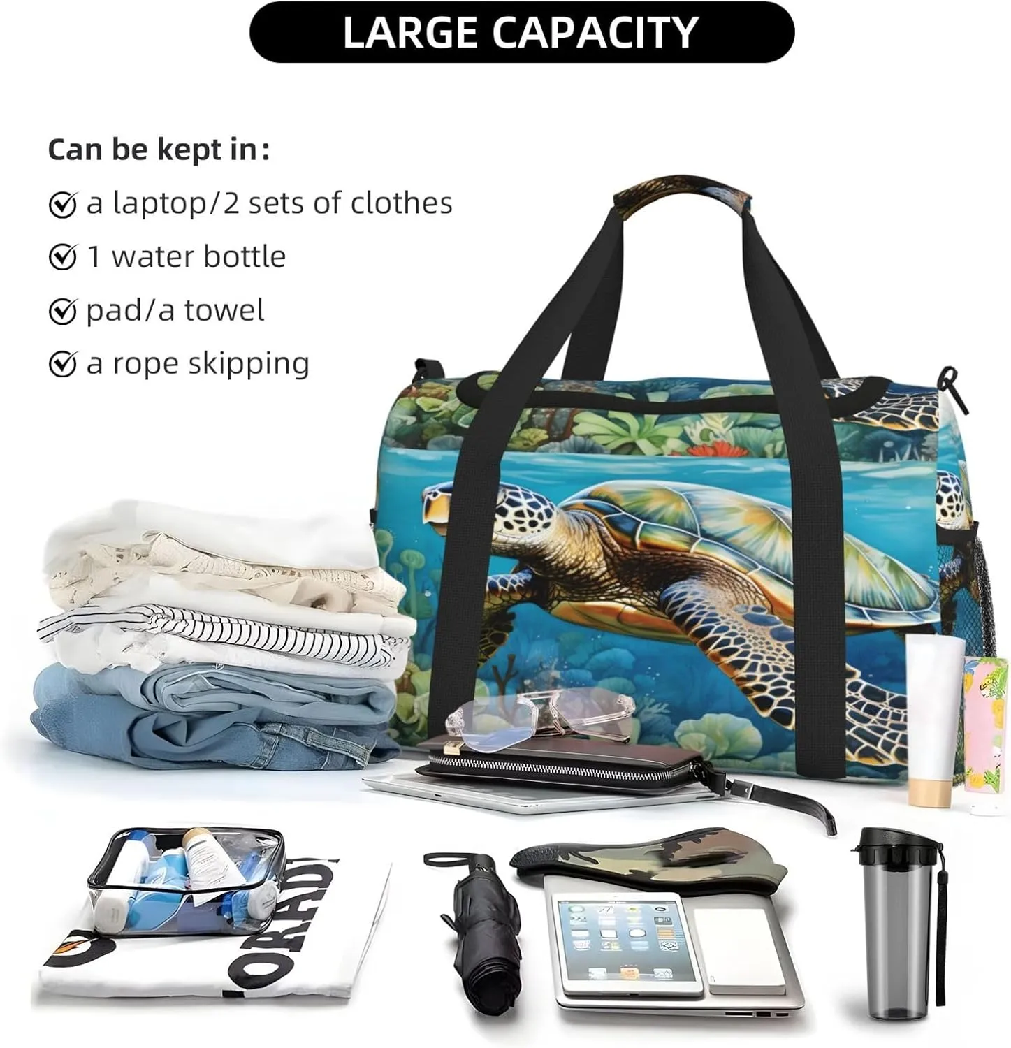 Travel Duffel Bag For Men Women, Sea Ocean Turtle Coral Carry On Sport Gym Bag With Shoulder Strap Lightweight Waterproof Weekender Bag Overnight Bag