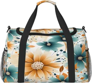 Travel Duffel Bag For Men Women, Teal Green Khaki Flowes Carry On Sport Gym Bag With Shoulder Strap Lightweight Waterproof Weekender Bag Overnight Bag