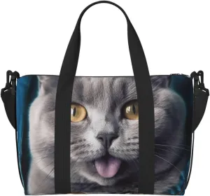 Travel Duffel Bag for Women Men Weekender Bags Sports Gym Bag Blue cat sticking out tongue Travel Bag Carry on Overnight Bag Waterproof Luggage Bag with Shoulder Strap
