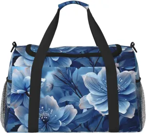 Travel Duffel Bag Lightweight Waterproof Carry On Tote Bag Foldable Weekender Overnight Bags Blooming Blue Flowers Sport Gym Bag For Women Men