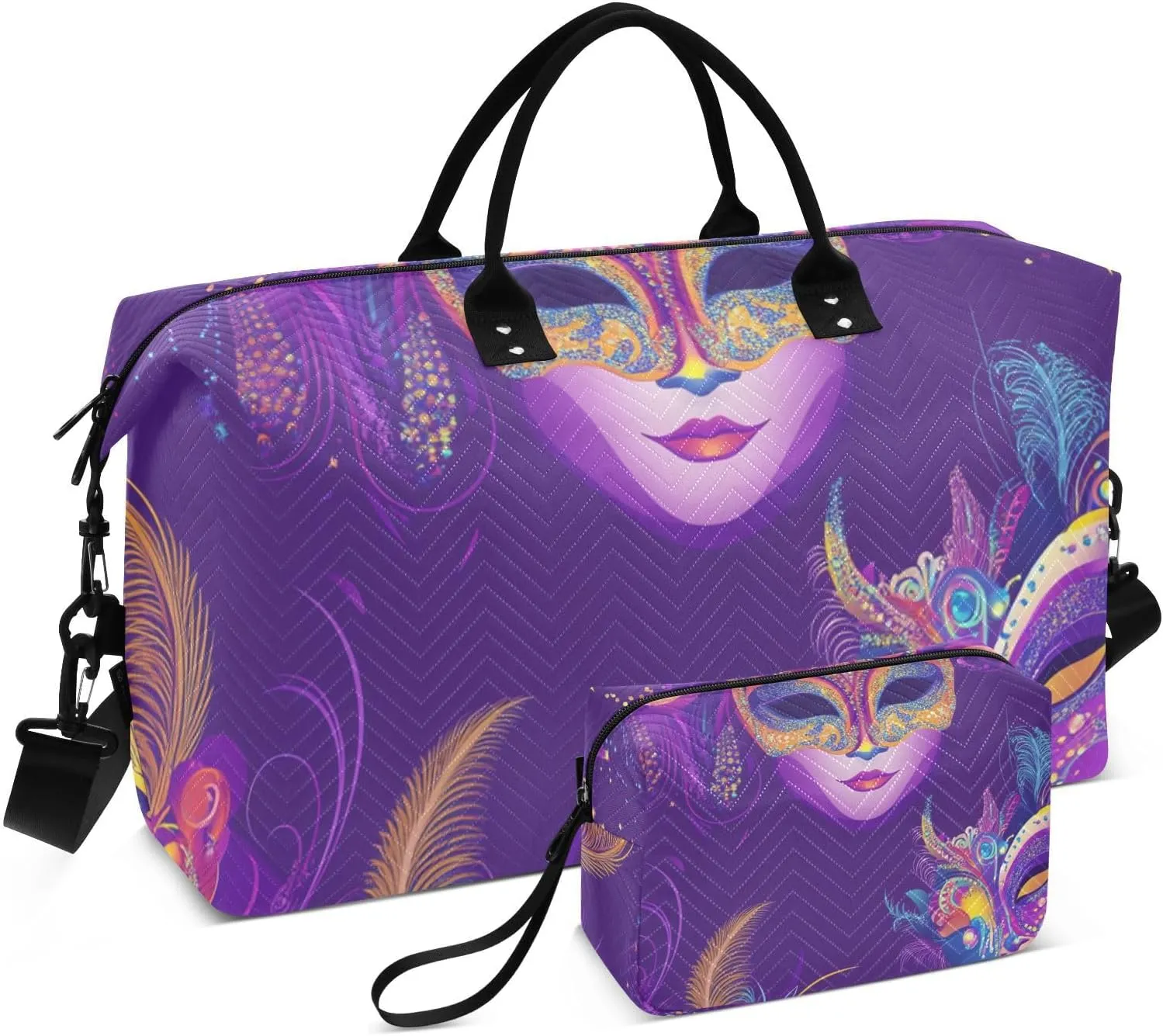 Travel Duffel Bag Mardi Gras Carnival Masks Purple Shoulder Weekender Overnight Bag Gym Sports Duffel Bags with Adjustable Strap for Travel Foldable