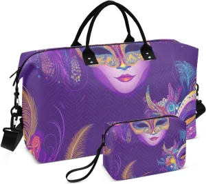 Travel Duffel Bag Mardi Gras Carnival Masks Purple Shoulder Weekender Overnight Bag Gym Sports Duffel Bags with Adjustable Strap for Travel Foldable