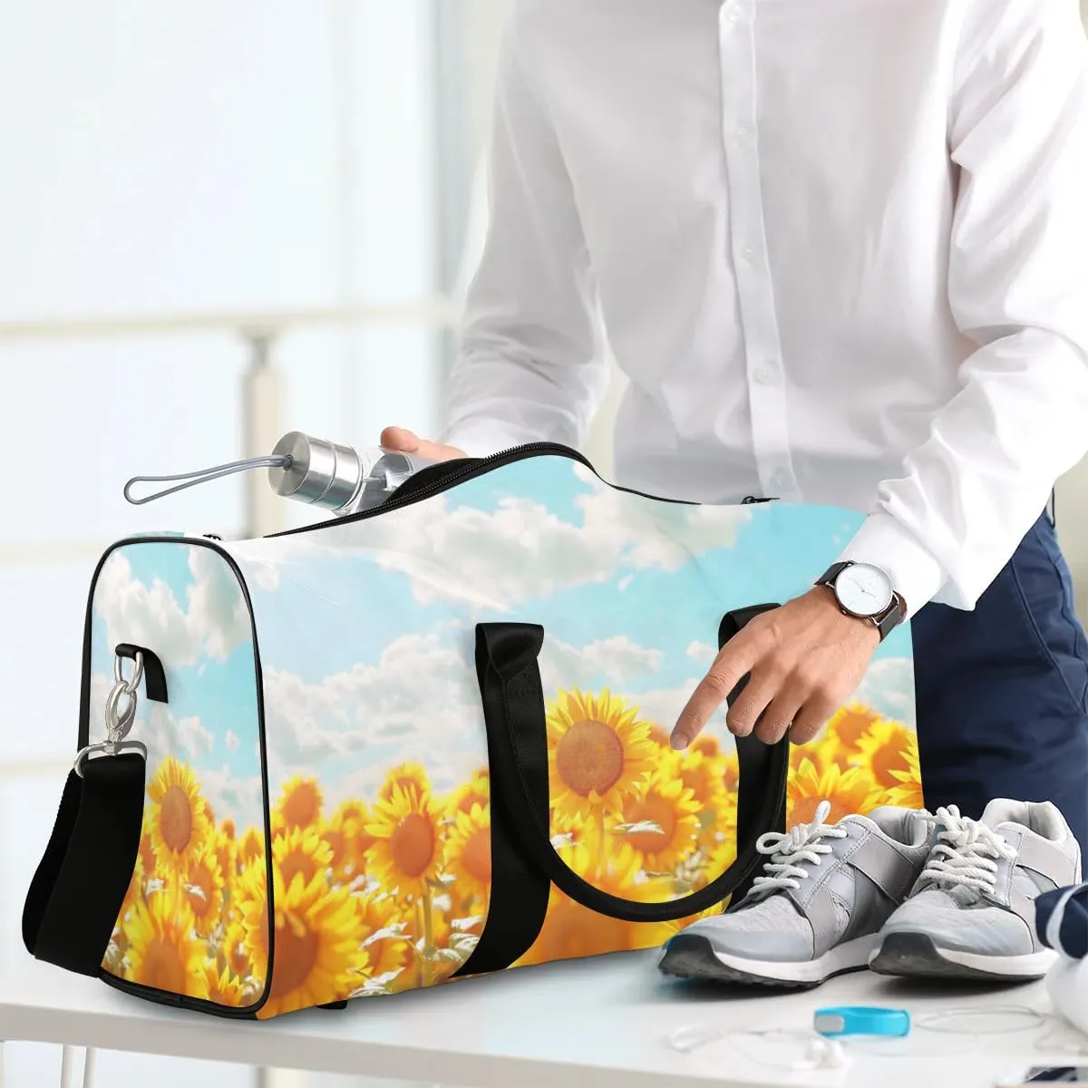 Travel Duffel Bag, Sunflower Flower Floral Sports Tote Gym Bag Foldable Western Aztec Weekender Bag Carry on Luggage Handle Bag Overnight Shoulder Bag for Women Men,A-726
