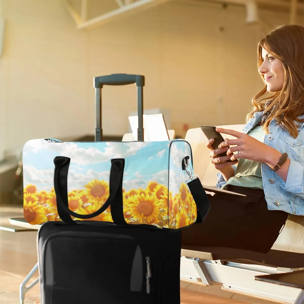 Travel Duffel Bag, Sunflower Flower Floral Sports Tote Gym Bag Foldable Western Aztec Weekender Bag Carry on Luggage Handle Bag Overnight Shoulder Bag for Women Men,A-726