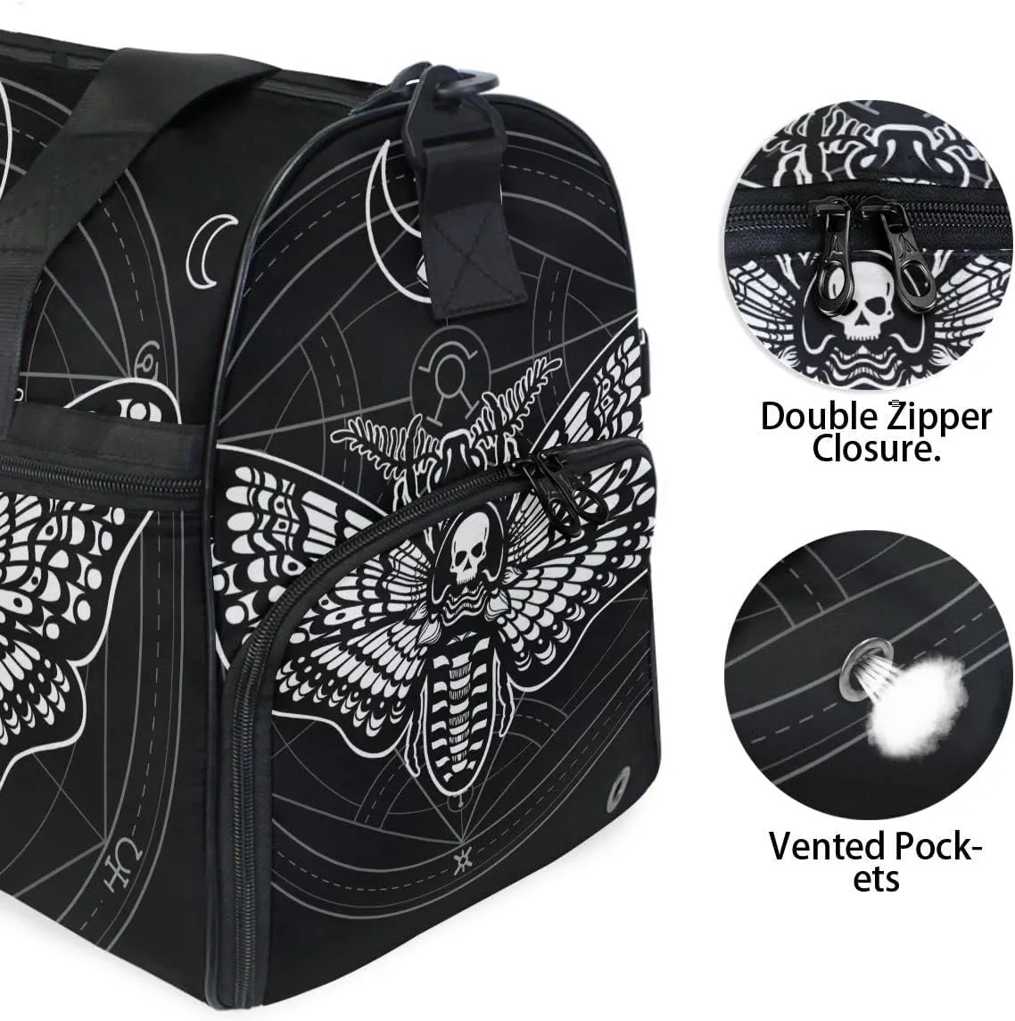 Travel Duffel Bags Black Skull Moth Sports Duffel Bag Gym Bag Travel Luggage Overnight Bags for Men Women Duffel Bags with Adjustable Strap for Traveling