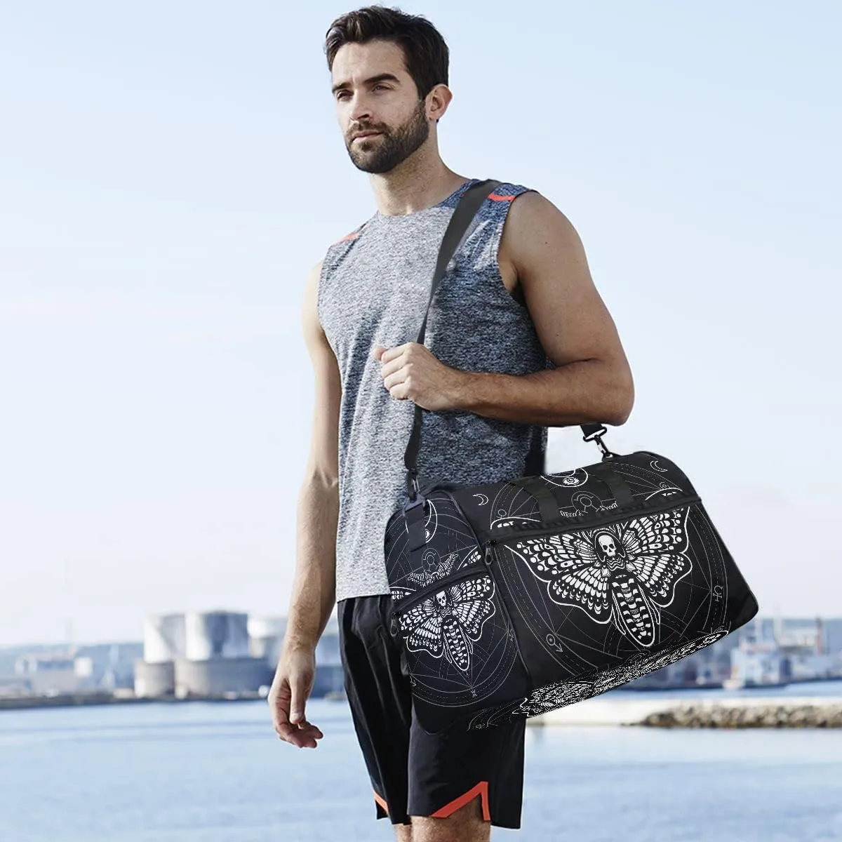 Travel Duffel Bags Black Skull Moth Sports Duffel Bag Gym Bag Travel Luggage Overnight Bags for Men Women Duffel Bags with Adjustable Strap for Traveling