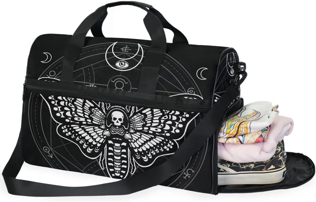 Travel Duffel Bags Black Skull Moth Sports Duffel Bag Gym Bag Travel Luggage Overnight Bags for Men Women Duffel Bags with Adjustable Strap for Traveling