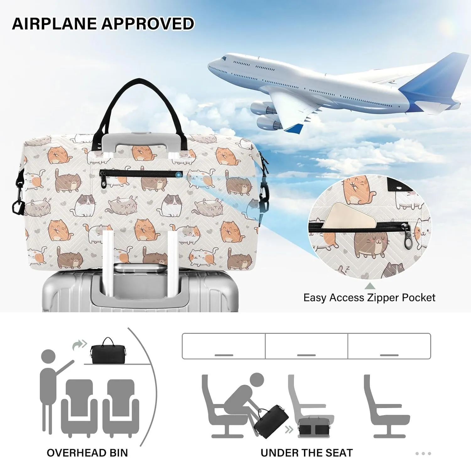 Travel Duffel Bags Cute Cats Carry on Weekender Overnight Bag with Adjustable Strap Large Gym Bag for Travel Gym Multifunctional