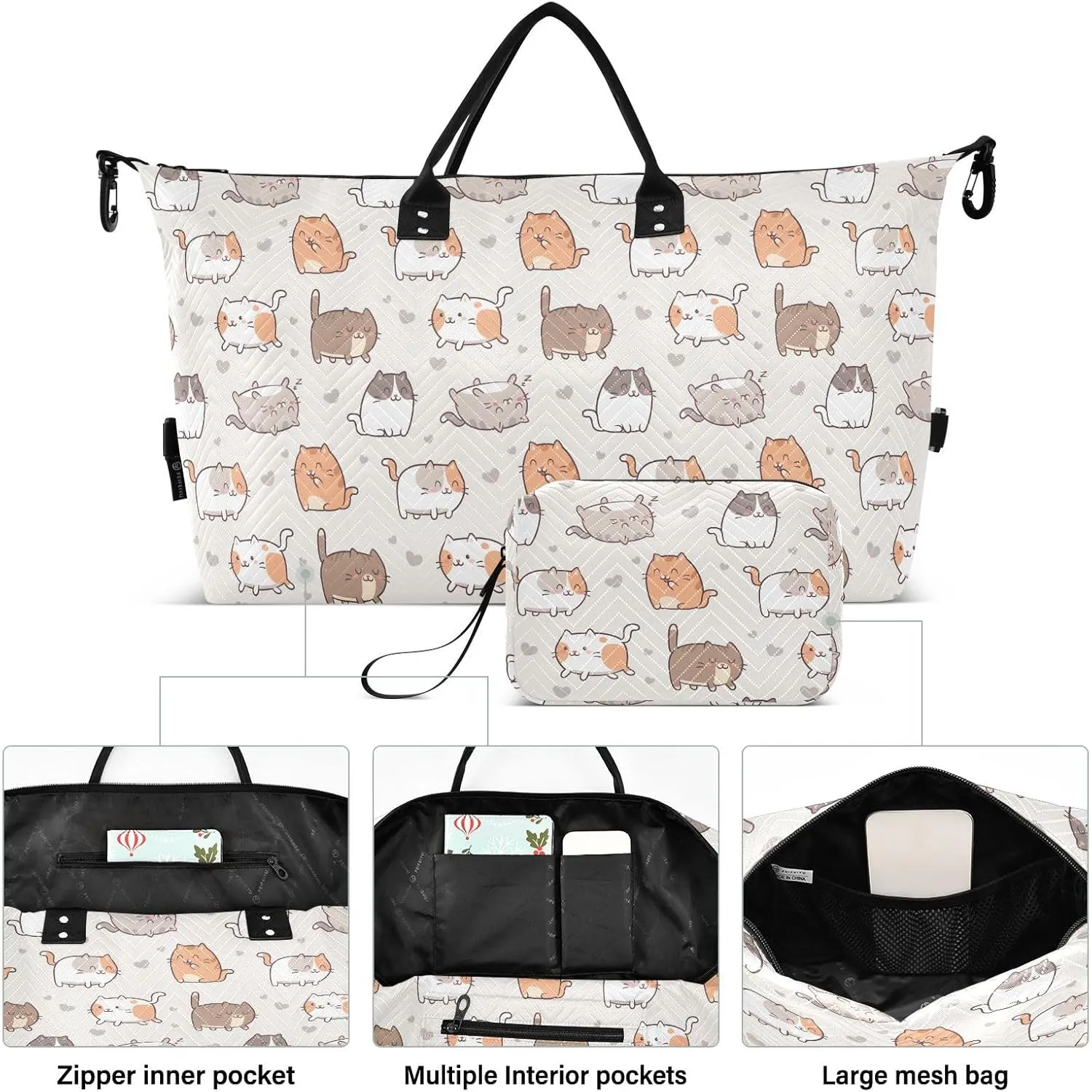 Travel Duffel Bags Cute Cats Carry on Weekender Overnight Bag with Adjustable Strap Large Gym Bag for Travel Gym Multifunctional