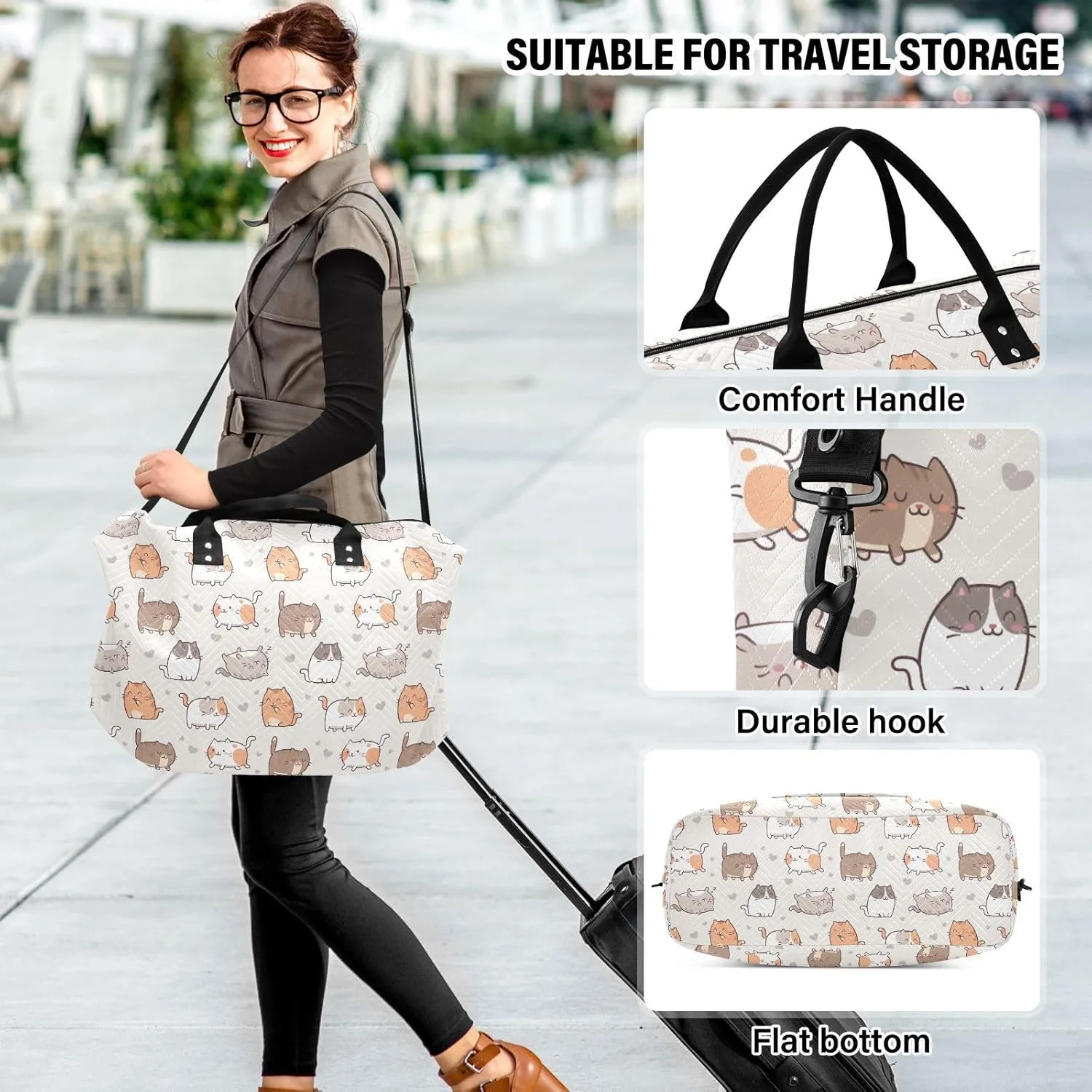 Travel Duffel Bags Cute Cats Carry on Weekender Overnight Bag with Adjustable Strap Large Gym Bag for Travel Gym Multifunctional