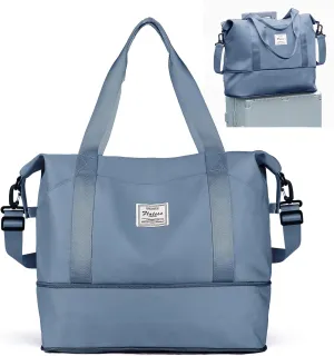 Travel Duffel Bags for Women, Shoulder Weekender Bag with Trolley Sleeve, Sport Gym Tote Bags for Men, 18x14x8 Foldie Travel Bag Expandable Carry On Overnight Bags for airplanes，JewelBlue
