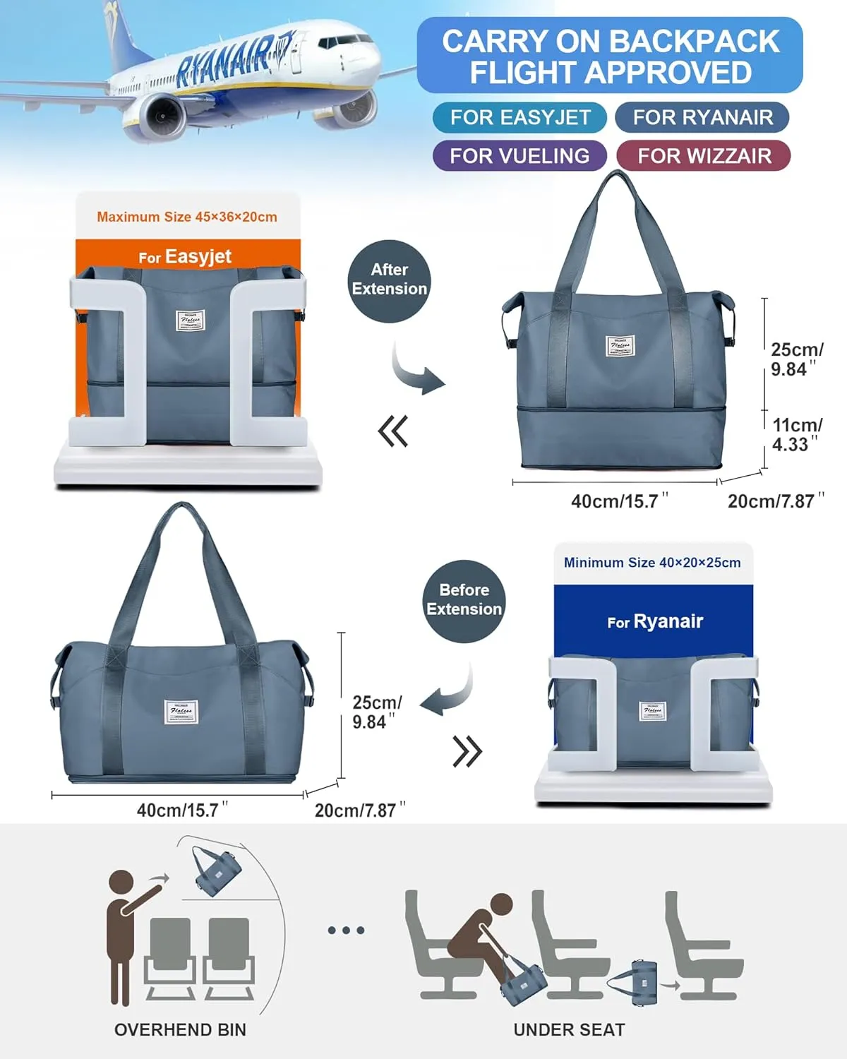 Travel Duffel Bags for Women, Shoulder Weekender Bag with Trolley Sleeve, Sport Gym Tote Bags for Men, 18x14x8 Foldie Travel Bag Expandable Carry On Overnight Bags for airplanes，JewelBlue
