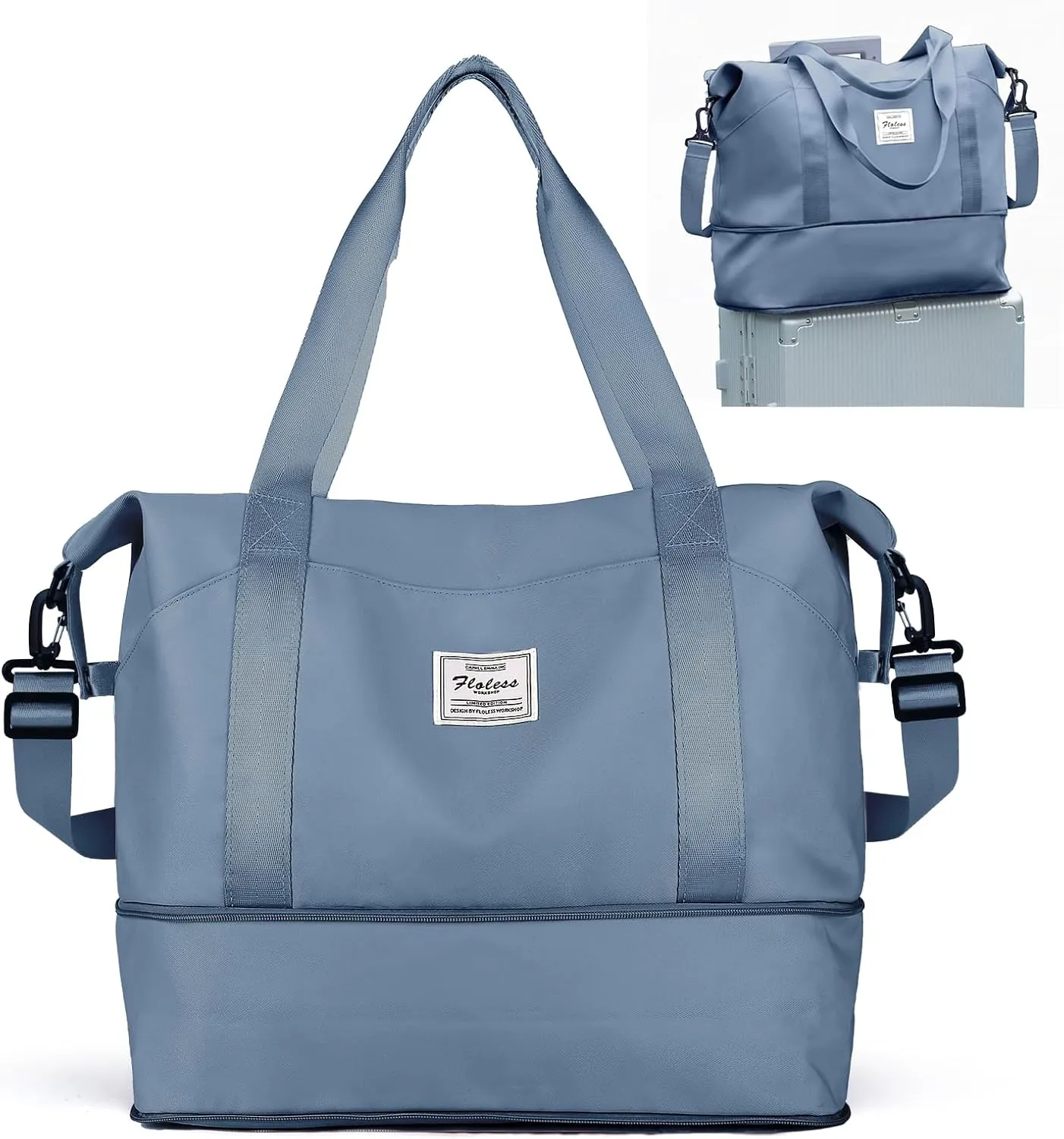 Travel Duffel Bags for Women, Shoulder Weekender Bag with Trolley Sleeve, Sport Gym Tote Bags for Men, 18x14x8 Foldie Travel Bag Expandable Carry On Overnight Bags for airplanes，JewelBlue