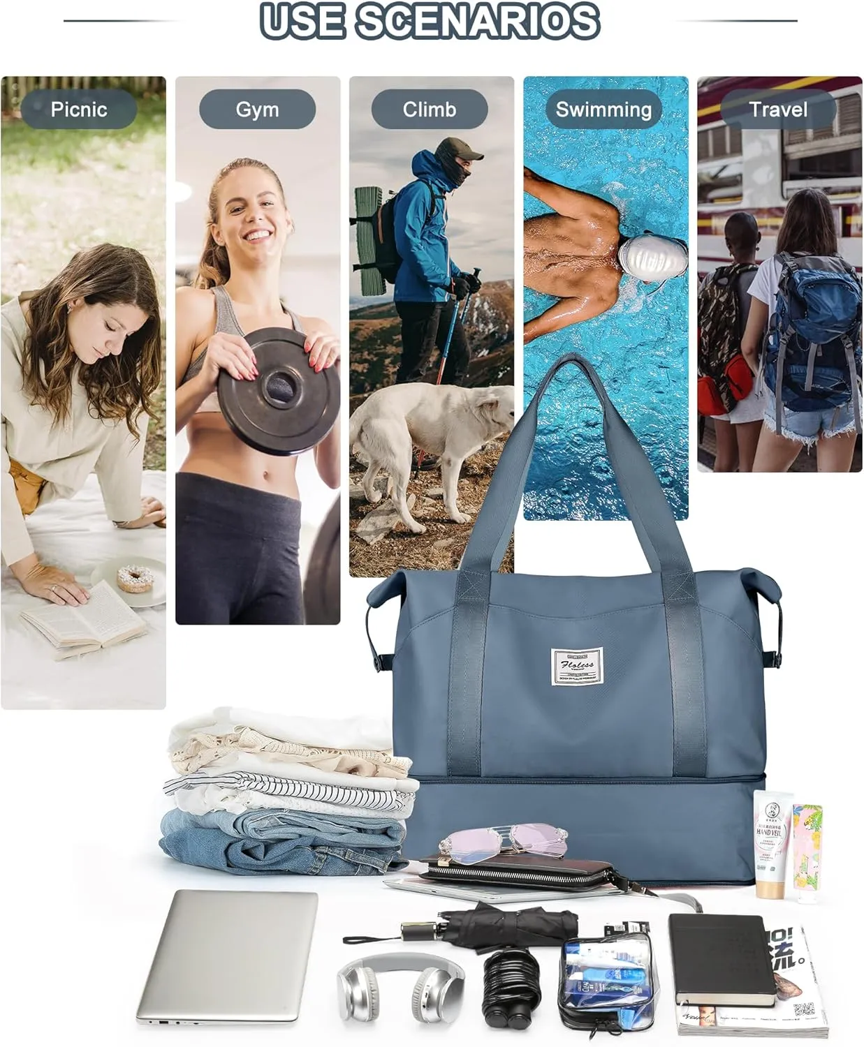 Travel Duffel Bags for Women, Shoulder Weekender Bag with Trolley Sleeve, Sport Gym Tote Bags for Men, 18x14x8 Foldie Travel Bag Expandable Carry On Overnight Bags for airplanes，JewelBlue