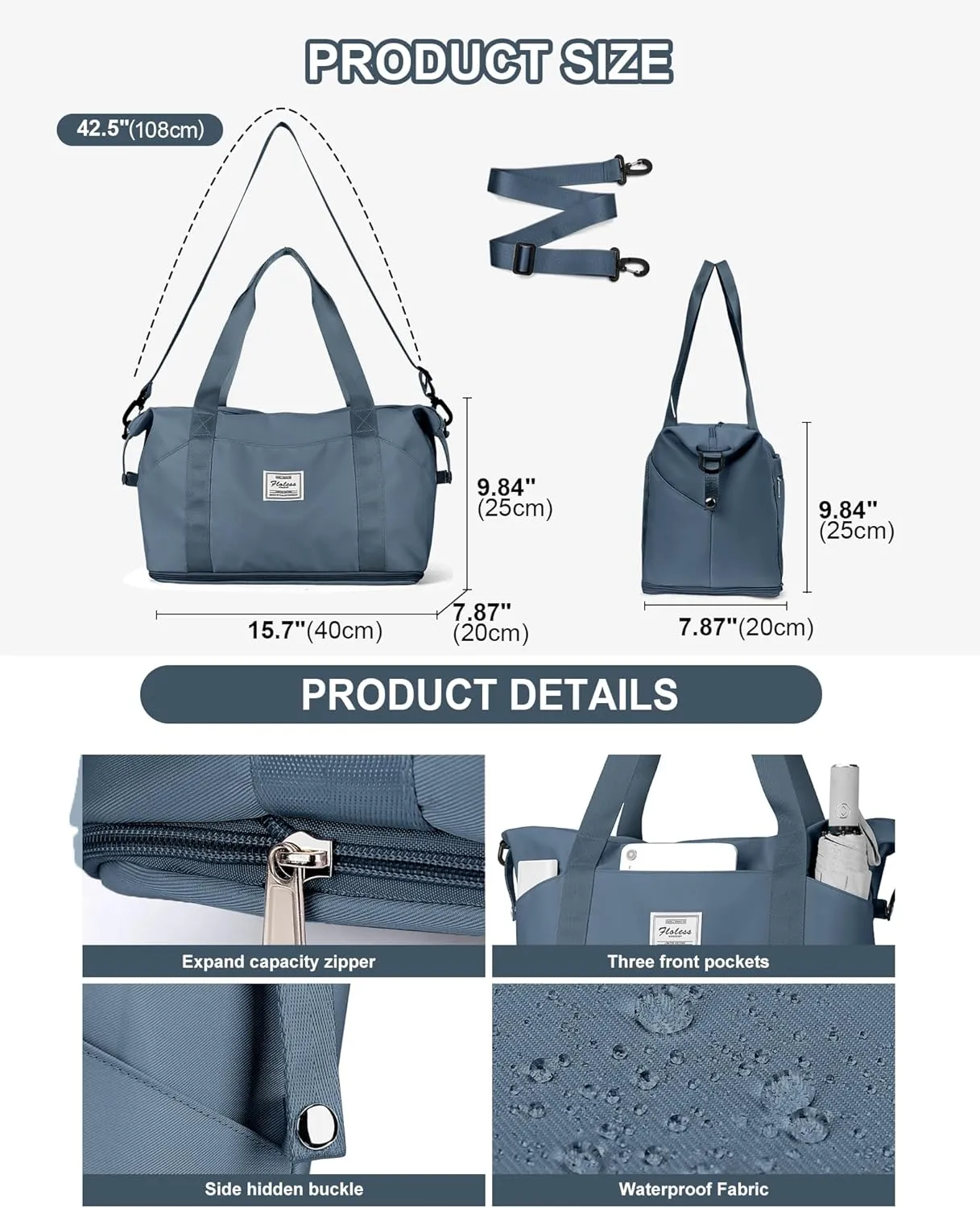 Travel Duffel Bags for Women, Shoulder Weekender Bag with Trolley Sleeve, Sport Gym Tote Bags for Men, 18x14x8 Foldie Travel Bag Expandable Carry On Overnight Bags for airplanes，JewelBlue