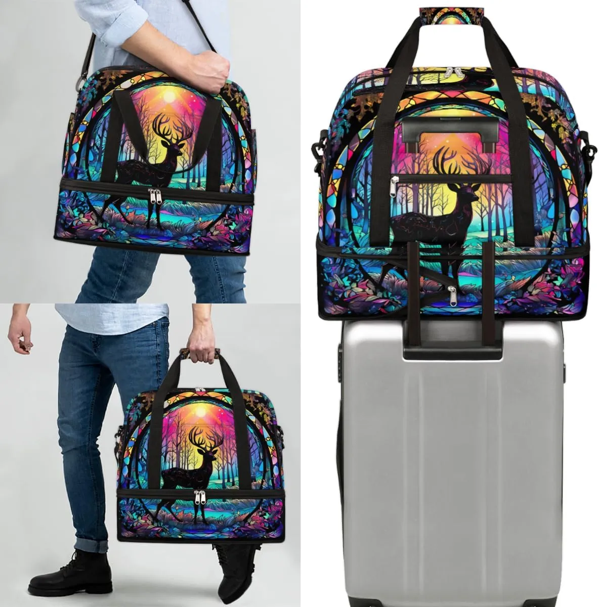 Travel Duffel Bags Neon Deer Foldable Weekender Bags for Women with Shoes Compartment Waterproof & Tear Resistant Carry on Overnight Luggage Duffel Bag Shoulder Sports Tote Bag
