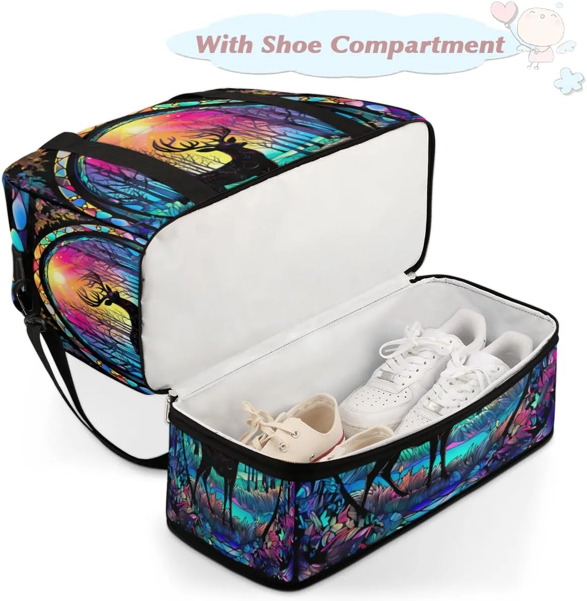 Travel Duffel Bags Neon Deer Foldable Weekender Bags for Women with Shoes Compartment Waterproof & Tear Resistant Carry on Overnight Luggage Duffel Bag Shoulder Sports Tote Bag