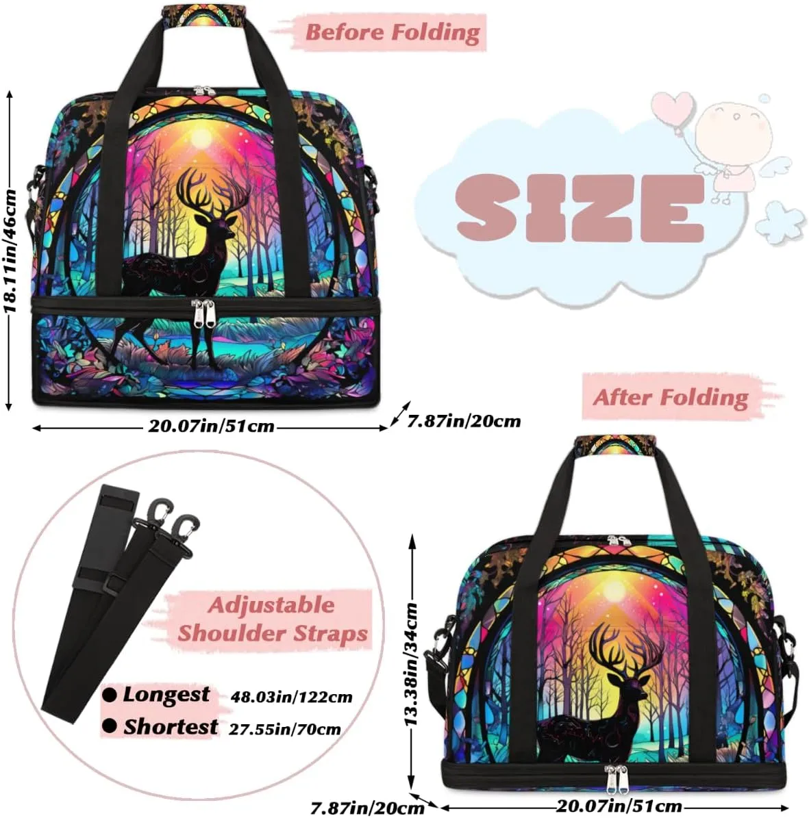 Travel Duffel Bags Neon Deer Foldable Weekender Bags for Women with Shoes Compartment Waterproof & Tear Resistant Carry on Overnight Luggage Duffel Bag Shoulder Sports Tote Bag