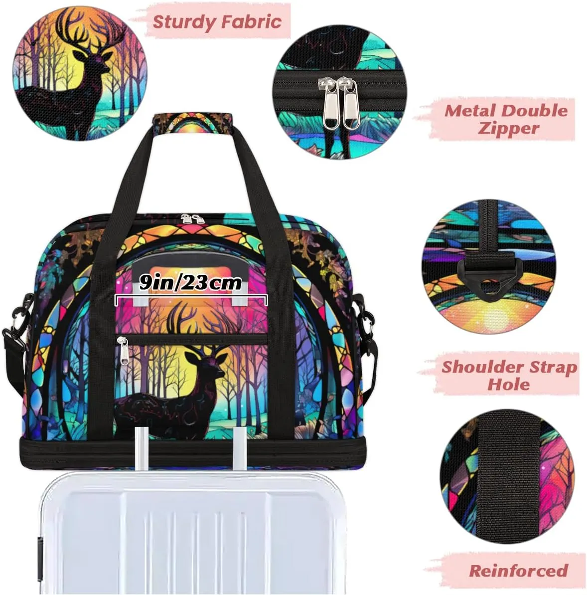 Travel Duffel Bags Neon Deer Foldable Weekender Bags for Women with Shoes Compartment Waterproof & Tear Resistant Carry on Overnight Luggage Duffel Bag Shoulder Sports Tote Bag