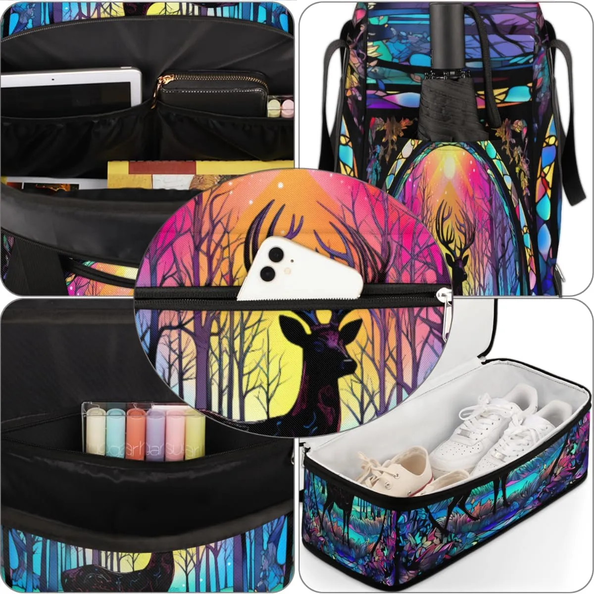 Travel Duffel Bags Neon Deer Foldable Weekender Bags for Women with Shoes Compartment Waterproof & Tear Resistant Carry on Overnight Luggage Duffel Bag Shoulder Sports Tote Bag
