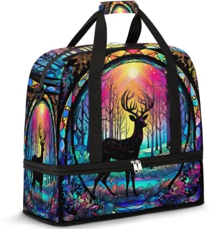 Travel Duffel Bags Neon Deer Foldable Weekender Bags for Women with Shoes Compartment Waterproof & Tear Resistant Carry on Overnight Luggage Duffel Bag Shoulder Sports Tote Bag
