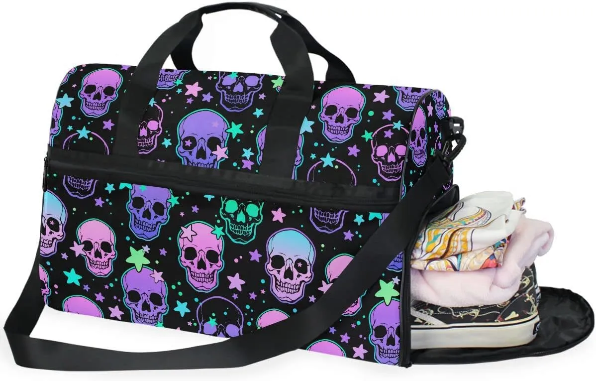 Travel Duffel Bags Stars Purple Skulls Sports Duffel Bag Gym Bag Travel Luggage Overnight Bags for Men Women Duffel Bags with Adjustable Strap for Traveling