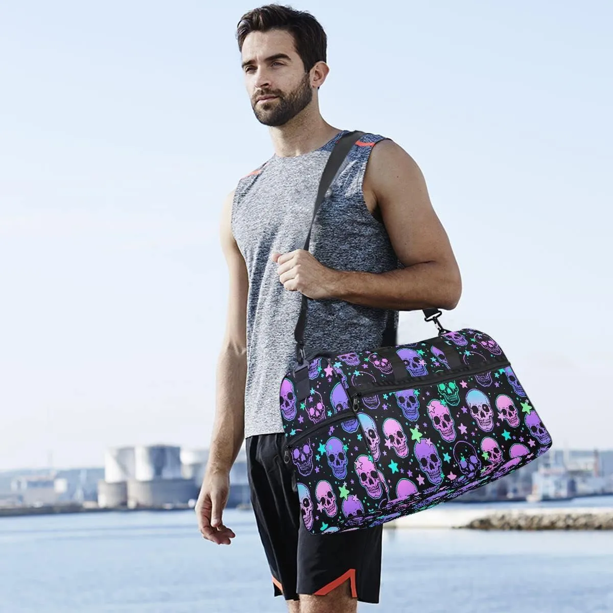 Travel Duffel Bags Stars Purple Skulls Sports Duffel Bag Gym Bag Travel Luggage Overnight Bags for Men Women Duffel Bags with Adjustable Strap for Traveling