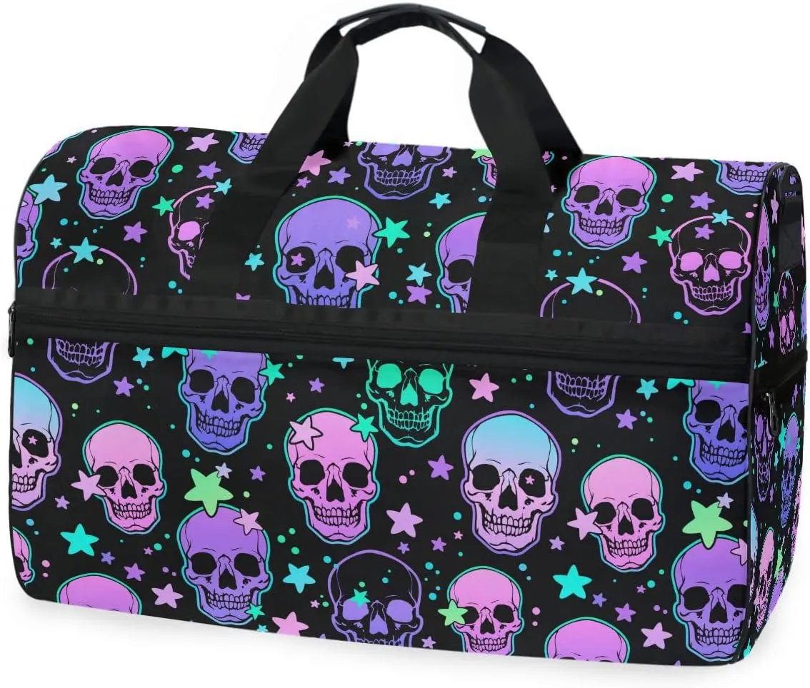 Travel Duffel Bags Stars Purple Skulls Sports Duffel Bag Gym Bag Travel Luggage Overnight Bags for Men Women Duffel Bags with Adjustable Strap for Traveling