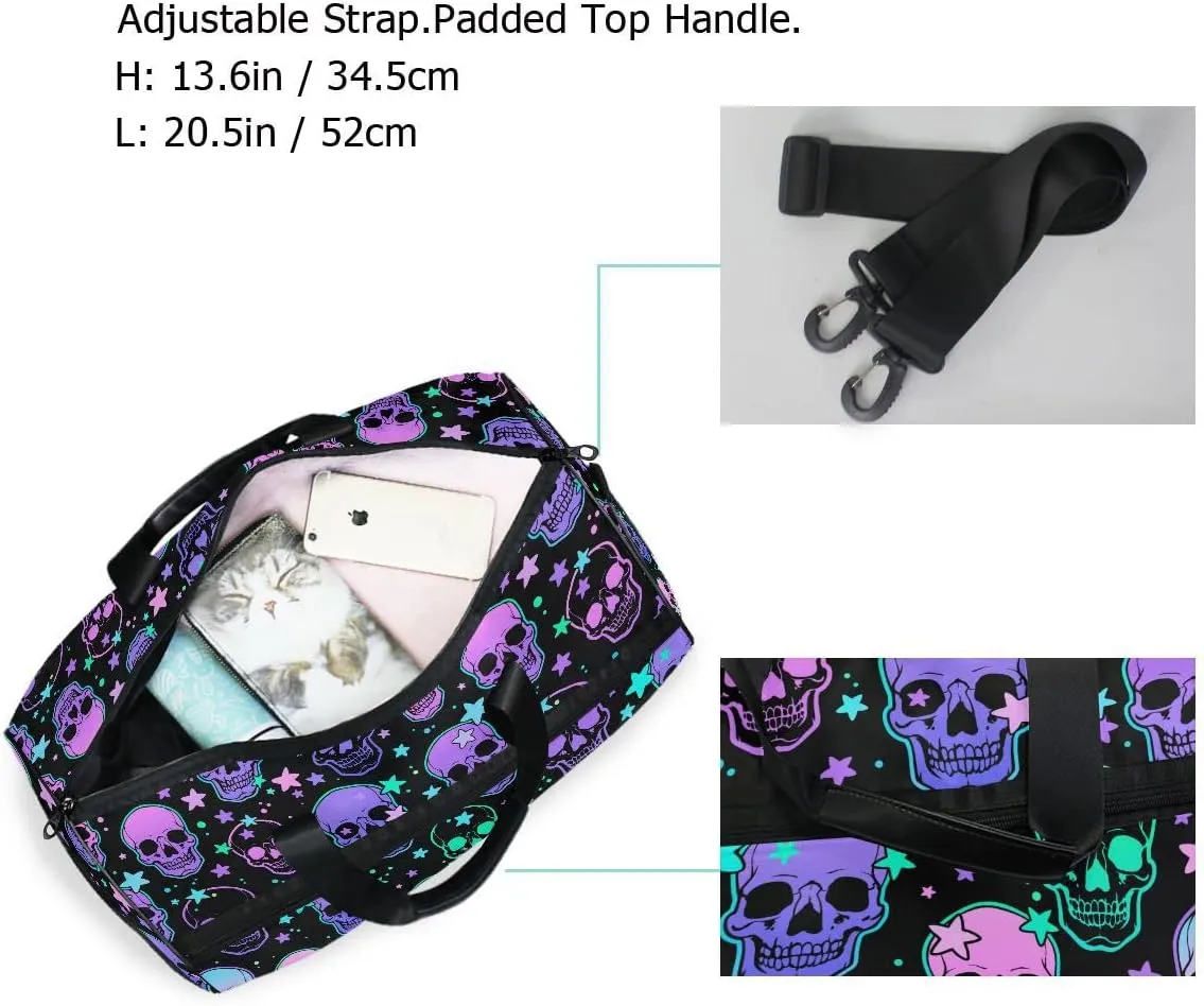 Travel Duffel Bags Stars Purple Skulls Sports Duffel Bag Gym Bag Travel Luggage Overnight Bags for Men Women Duffel Bags with Adjustable Strap for Traveling